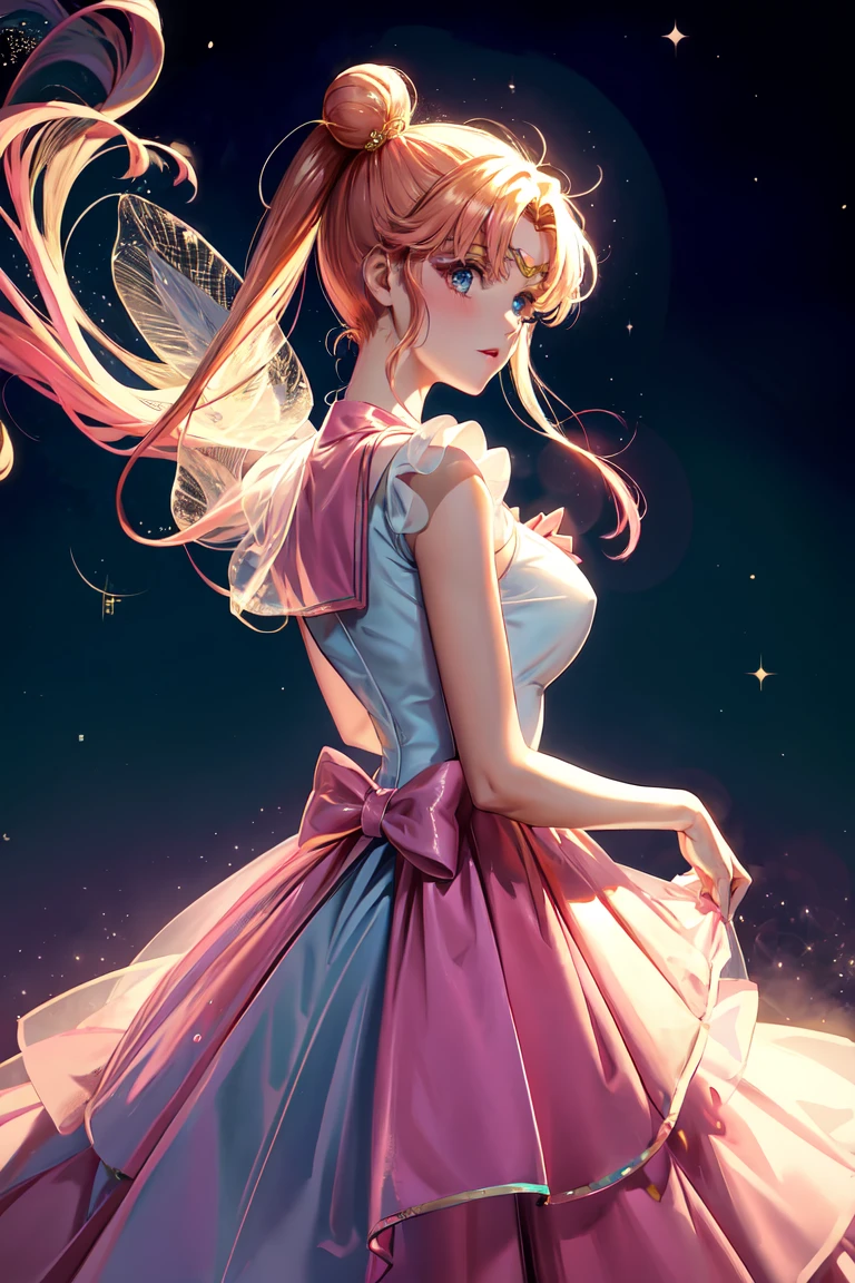 sailor moon, long iridescent organza dress, fluffy organza dress, veiled dress, extremely detailed, extremely pretty, turning back to look at viewer, sparkling pink dress, sparkling threads in hair, splendid, gorgeous, dramatic lighting, ,