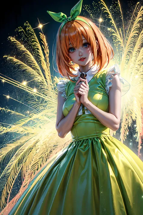 nakano yotsuba, bob orange hair,green ribbon,  long iridescent organza dress, fluffy organza dress, veiled dress, extremely deta...