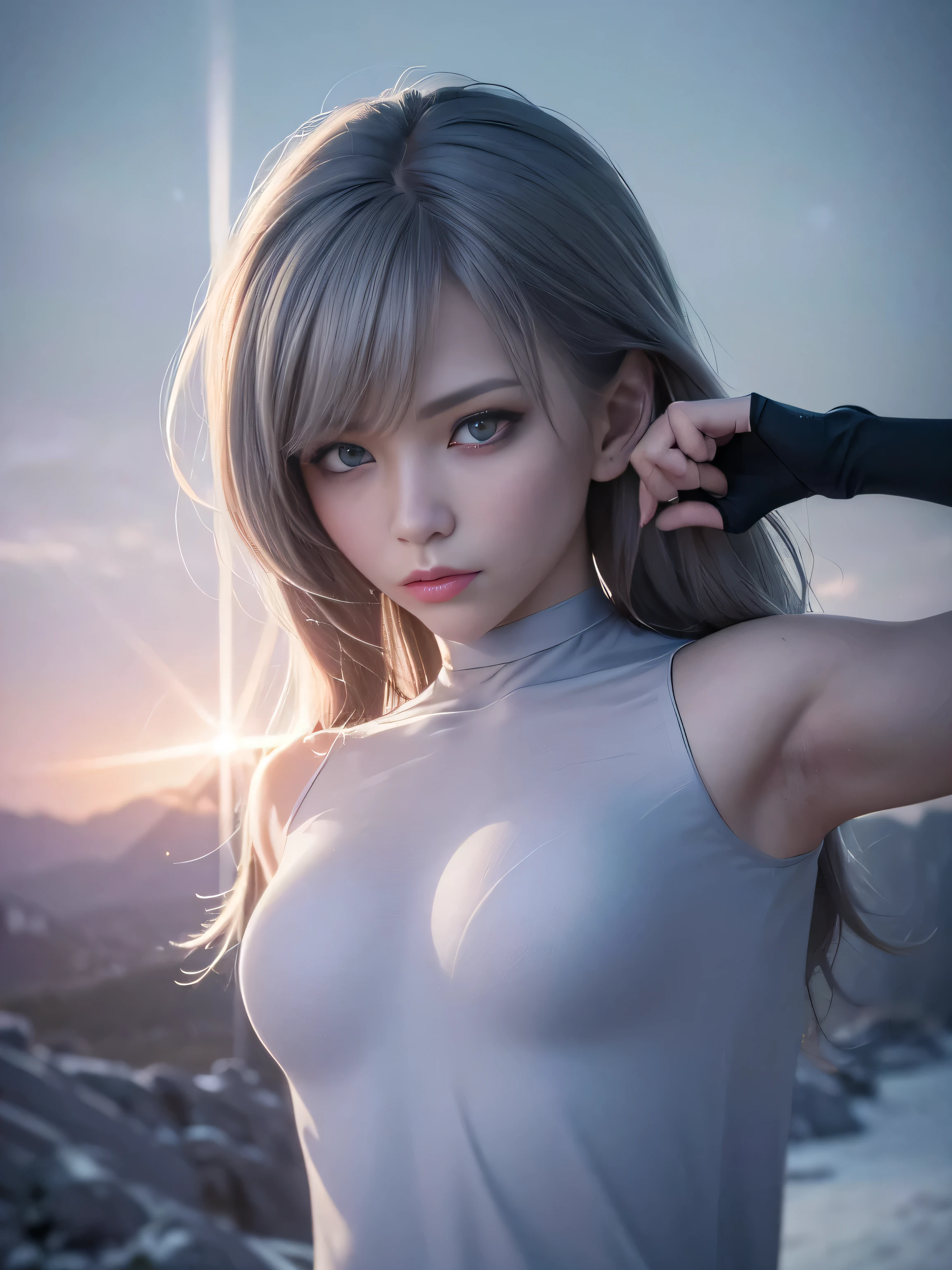 Model shooting style, (Extremely detailed CG Unity 8K wallpaper),cyberpunk characters [Foggy Snow Mountain Landscape，Snow Mountain] Immerse yourself in the beautiful aurora，Living in the clouds of the starry sky，Behind the clouds，（Double contact：1.3），
(Ethereal face of the girl blends into the aurora，Snow Mountain superimposes multiple elements and integrates the picture，
photography：Brandon Woelfelmist，surreal dreamscape，Gray vibe，Rainy Day，That&#39;s it，Right of use，HDR，Surrealist art fantasy style，Epic digital fantasy art style，Beautiful sci-fi art, Sci-fi digital art illustration,Sci-fi digital painting, futuristic digital painting, futuristic concept art, Sci-fi Snow Mountain landscape front, Sci-fi digital art, Dreamy transparent ethereal girl portrait
dramatic sky, dramatic lighting, sunset, lens flare, side lit, action pose. seductive expression.  future army officer. future soldier