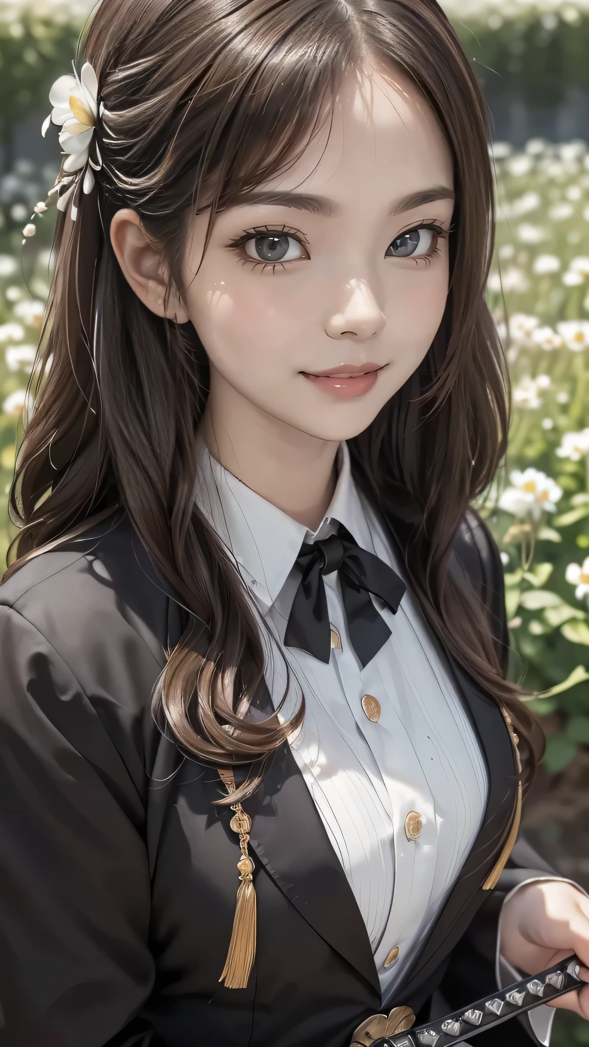 Realistic, masterpiece, highest quality, Highest Resolution, Japanese , , Upper body photo, Looks sleepy, Spaced out, Open your mouth, Beautiful and detailed eye drawing, (Droopy eyes:1.3), Dark Eyes, Thin eyebrows, Draw eyelashes carefully, Eyelash extensions, Gal Makeup, Orange Cheek,  (White brown wavy hair, Long Hair, middle part:1.3), (Hidden eyelid wrinkles:1.3), (Gothic uniform, blazer, Add a little armor feel:1.3),(Like a magic swordsman:1.4),  (The subject was photographed from above at an angle:1.3), (Flower Field:1.3), (Face close-up, Stand up and try to impress the audience:1.5)