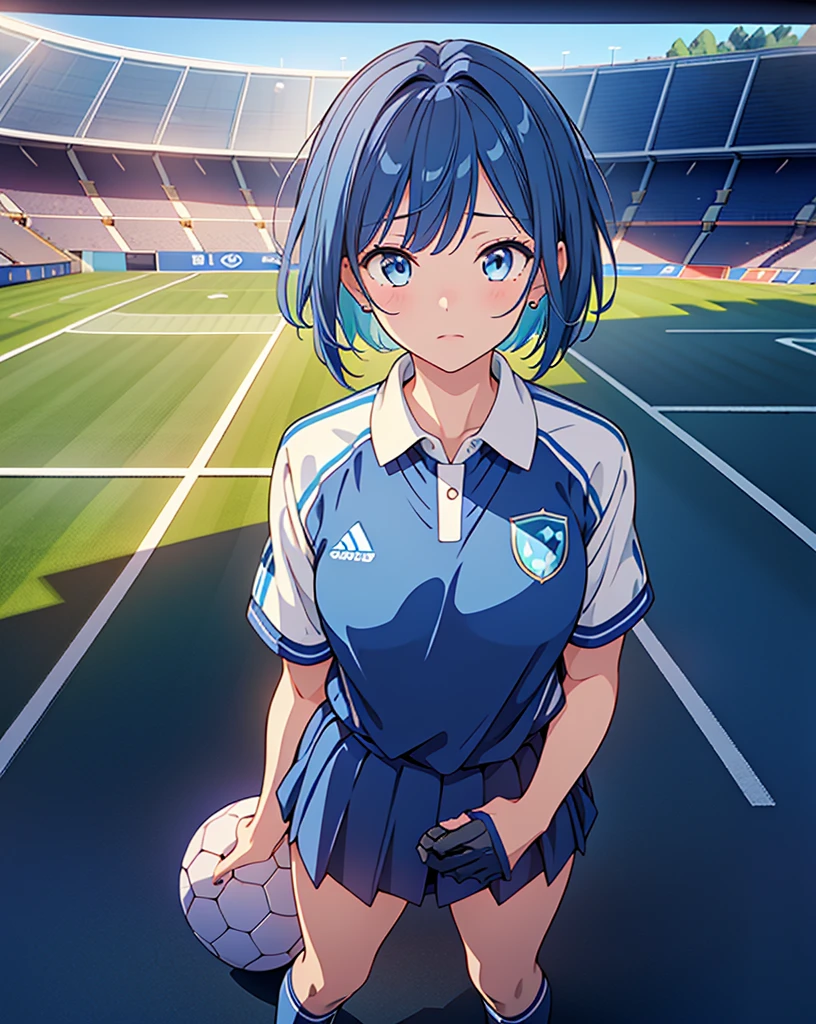 Best Quality, 32K, High resolution, masterpiece:1.5, One beautiful girl, Anime-style illustrations, Rich emotional expression, An exceptionally beautiful face, Perfect Human Anatomy, Big starry eyes, ((A look of determination:1.2)), Blue hair that shines like the starry sky, Short Bob Hair, Asymmetrical bangs, Hair between the eyes, Transparent, soft white skin, Detailed and cute lips, ((Blue soccer uniform:1.3)), ((Standing on the soccer field inside the stadium:1.4)), Mysterious