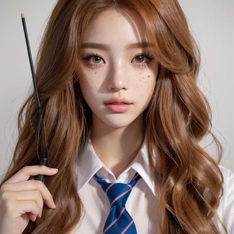 there is a woman with long hair and a tie holding a wand and colours like eyes, hyperrealistic schoolgirl, a hyperrealistic scho...