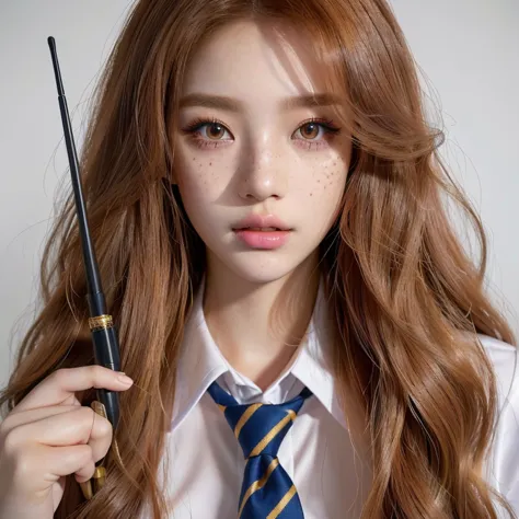 there is a woman with long hair and a tie holding a wand and colours like eyes, hyperrealistic schoolgirl, a hyperrealistic scho...