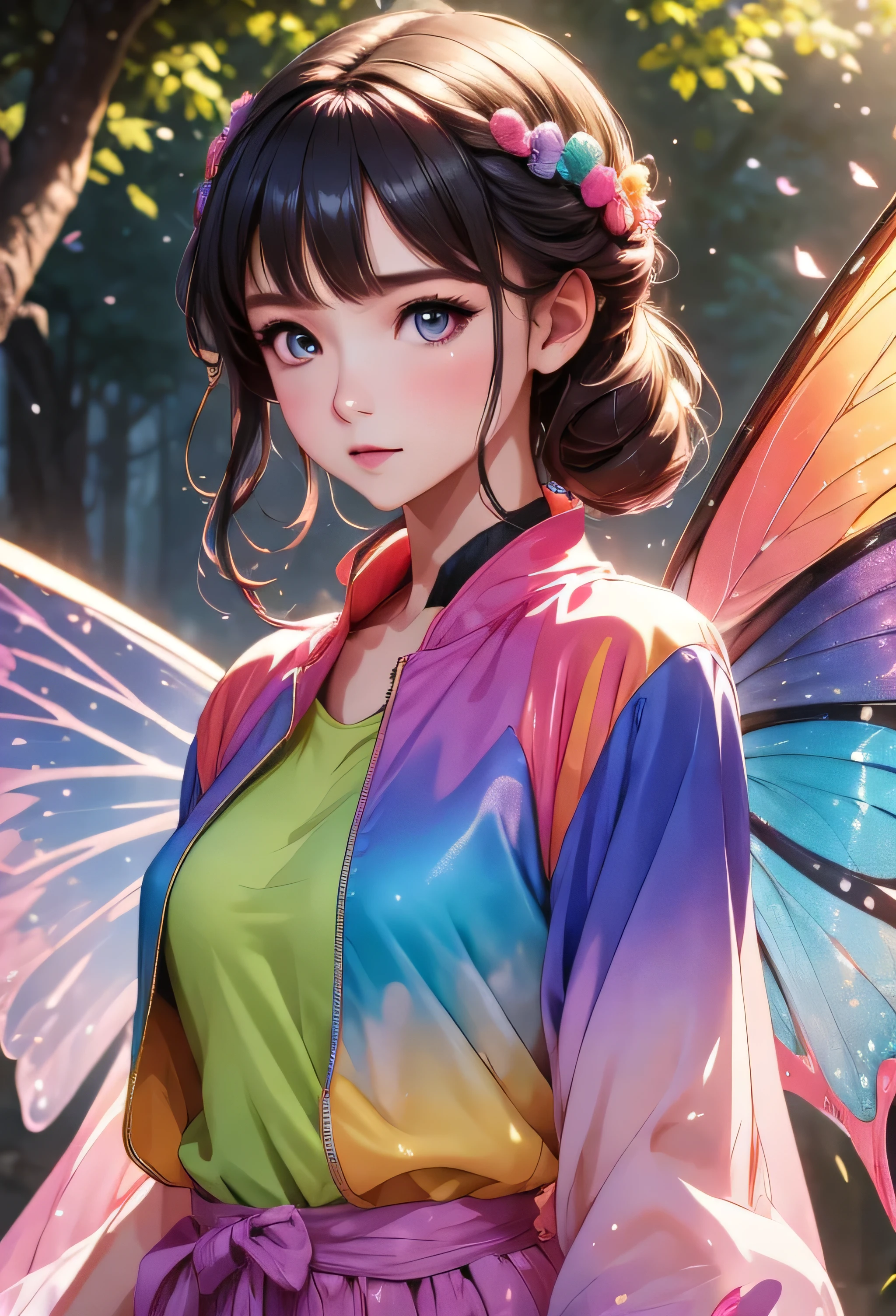 Young woman, facing the camera, piercing gaze, rainbow eyes, glossy rainbow jacket, modest clothing, fully covered, multi-colored wings, medium close up