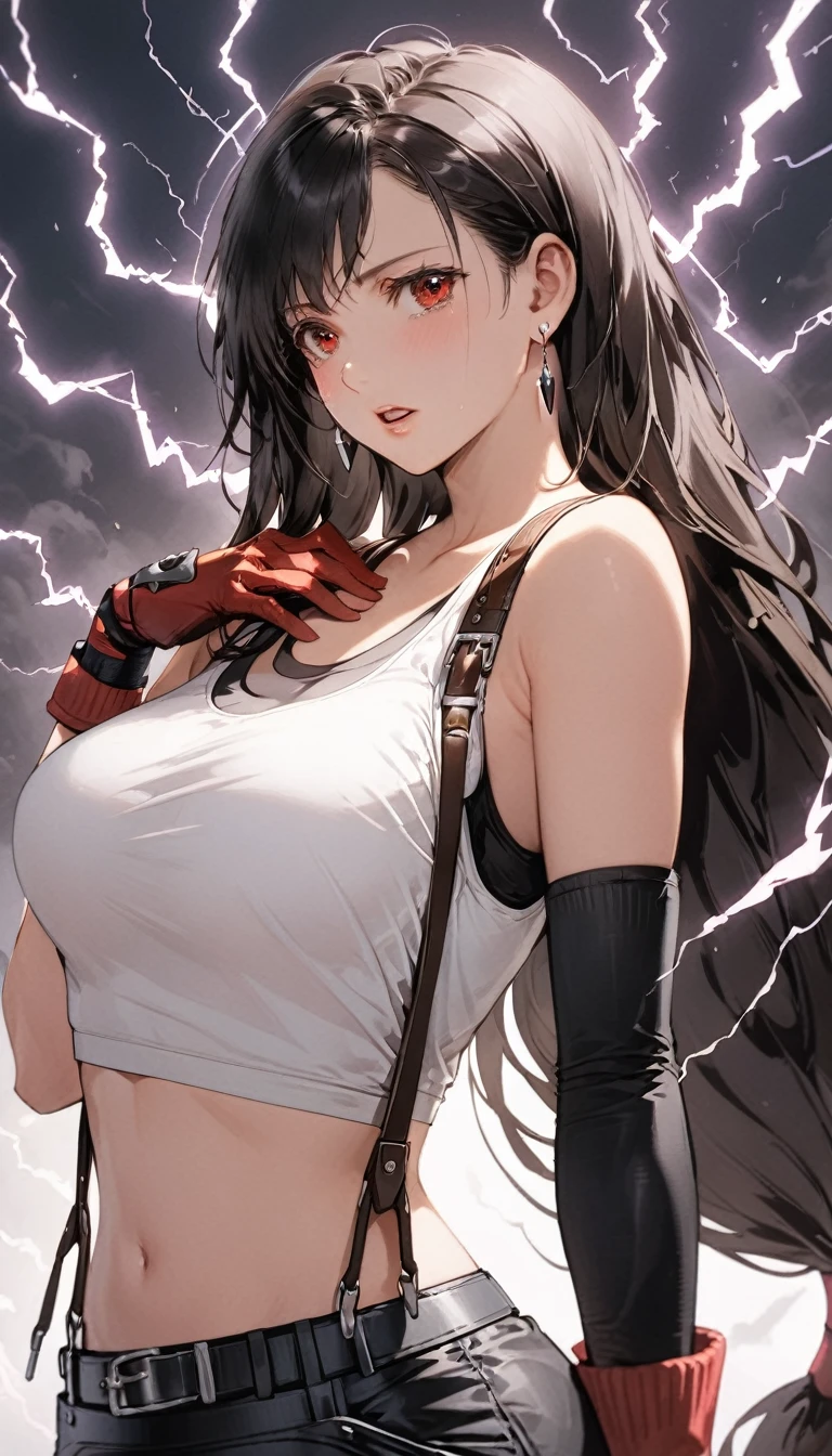 masterpiece, best quality, 1girl, defTifa, crying with eyes open, parted lips, electricity, hand on own chest, red eyes, low-tied long hair, earrings, white crop top, suspenders, arm warmers, red gloves, cowboy shot, dark fantasy