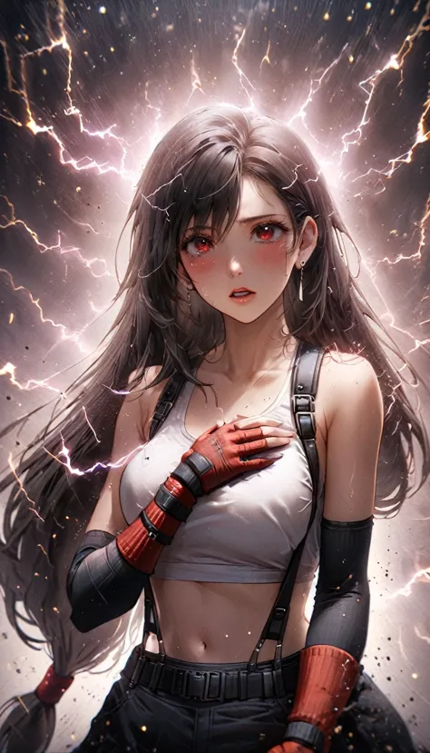 masterpiece, best quality, 1girl, deftifa, crying with eyes open, parted lips, electricity, hand on own chest, red eyes, low-tie...