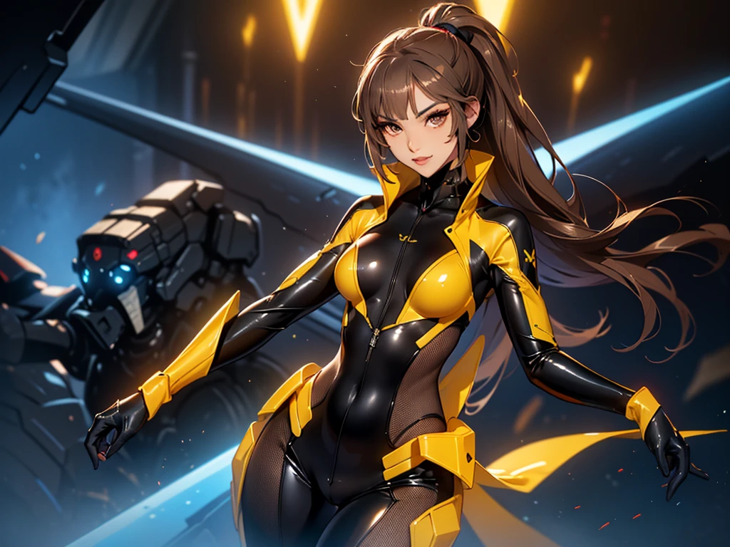 1girl, slender body, slim, extremely long ponytail, (((dark brown hair, brown eyes, tan skin))), brown skin, smirk, tight clothes, ((ochre latex bodysuit)), (black armor), (((hexagonal mesh))), ((extremely glossy)), ((futuristic handgun, sci-fi pistol)), steam vents, rocky canyon