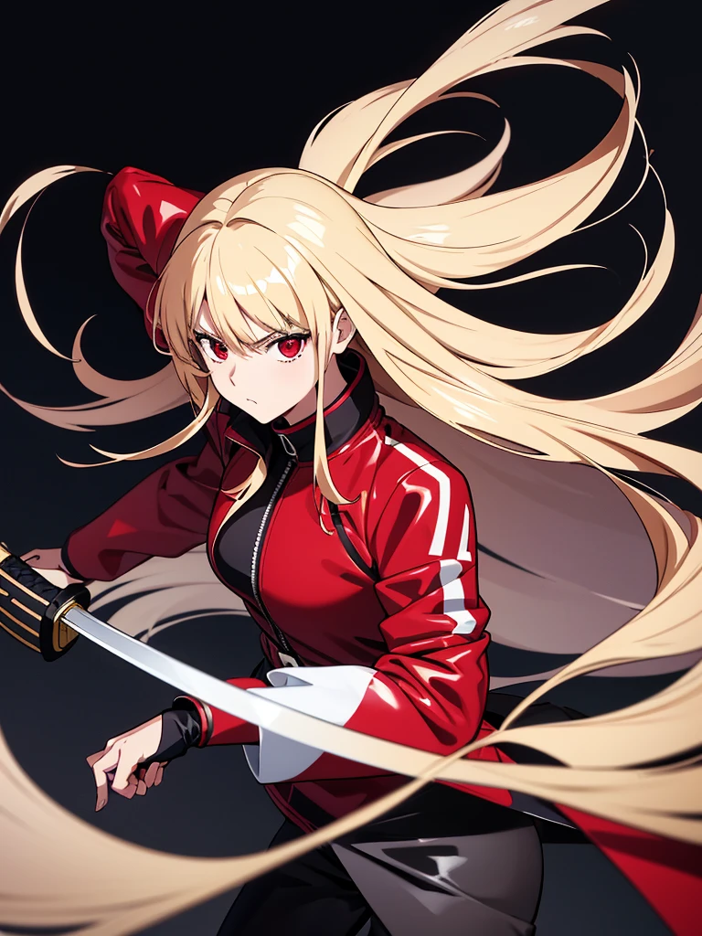 create an image 3:4 in 4k anime style, traces of manhwa coreano, traces of manhwa, girl with long platinum hair in the wind, Serious and impactful look, red eyes, red latex jacket, mini short preto, girl with a samurai sword in her hand, She is standing, simple background to crop image, background de cor solida