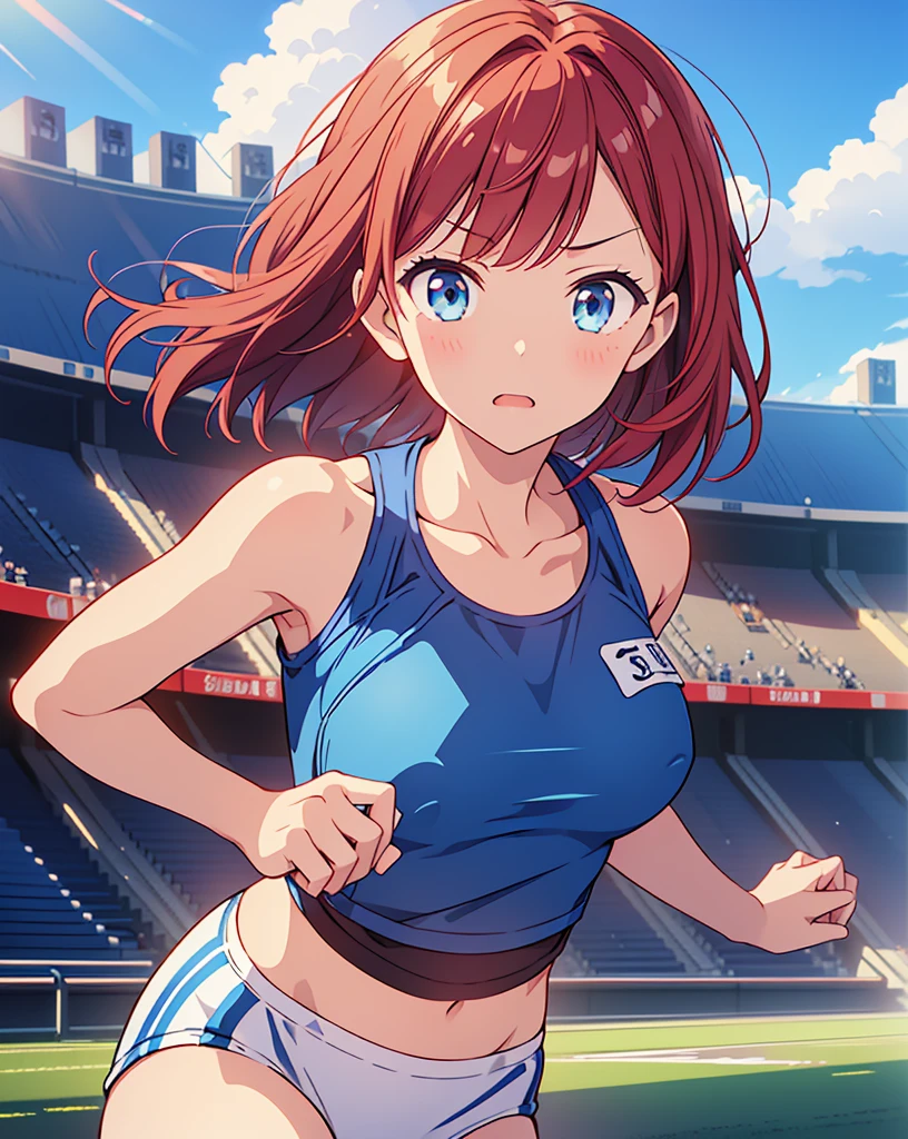 Best Quality, 32K, High resolution, masterpiece:1.5, One beautiful girl, Anime-style illustrations, Rich emotional expression, An exceptionally beautiful face, Perfect Human Anatomy, Big starry eyes, ((Serious expression:1.4)), Shiny red hair, Short Hair, Asymmetrical bangs, Hair between the eyes, Transparent, soft white skin, Detailed and cute lips, (Blue running wear:1.3)), ((Athletics field in the stadium:1.4)), ((Run a sprint:1.0)), Blue sky and white clouds, Dazzling sunlight, Mysterious