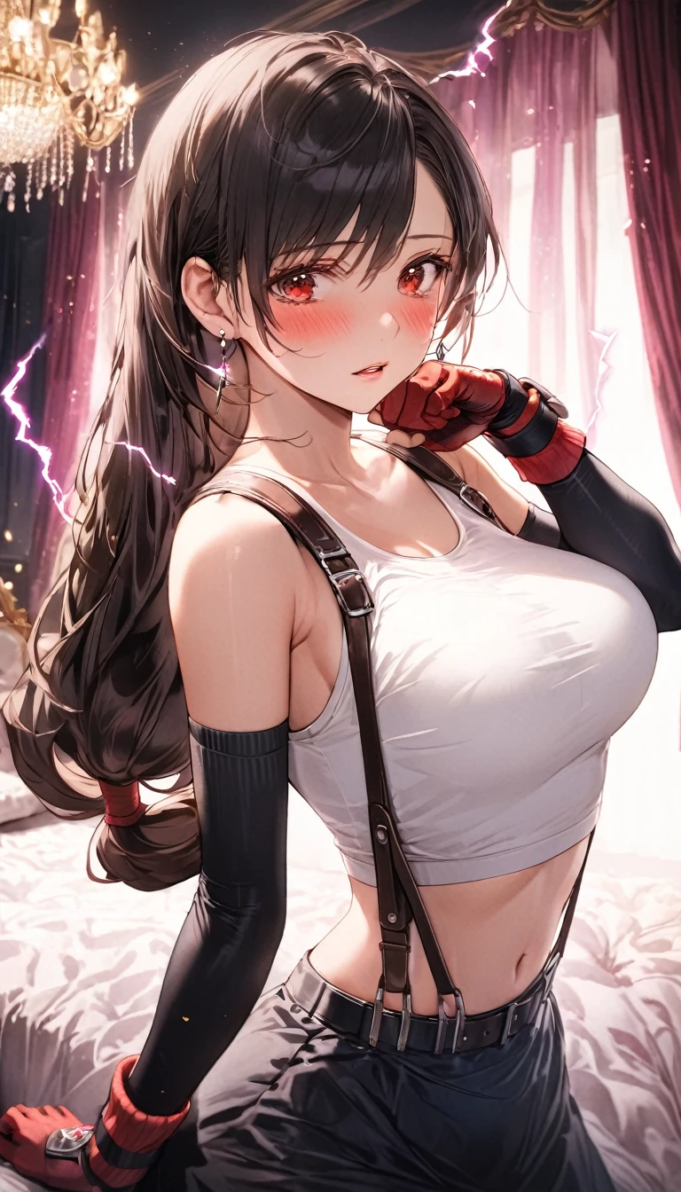 masterpiece, best quality, 1girl, defTifa, crying with eyes open, blush, parted lips, electricity, red eyes, low-tied long hair, earrings, white crop top, suspenders, arm warmers, red gloves, seductive pose, sexy pose, cowboy shot, royal bedroom, dark  background