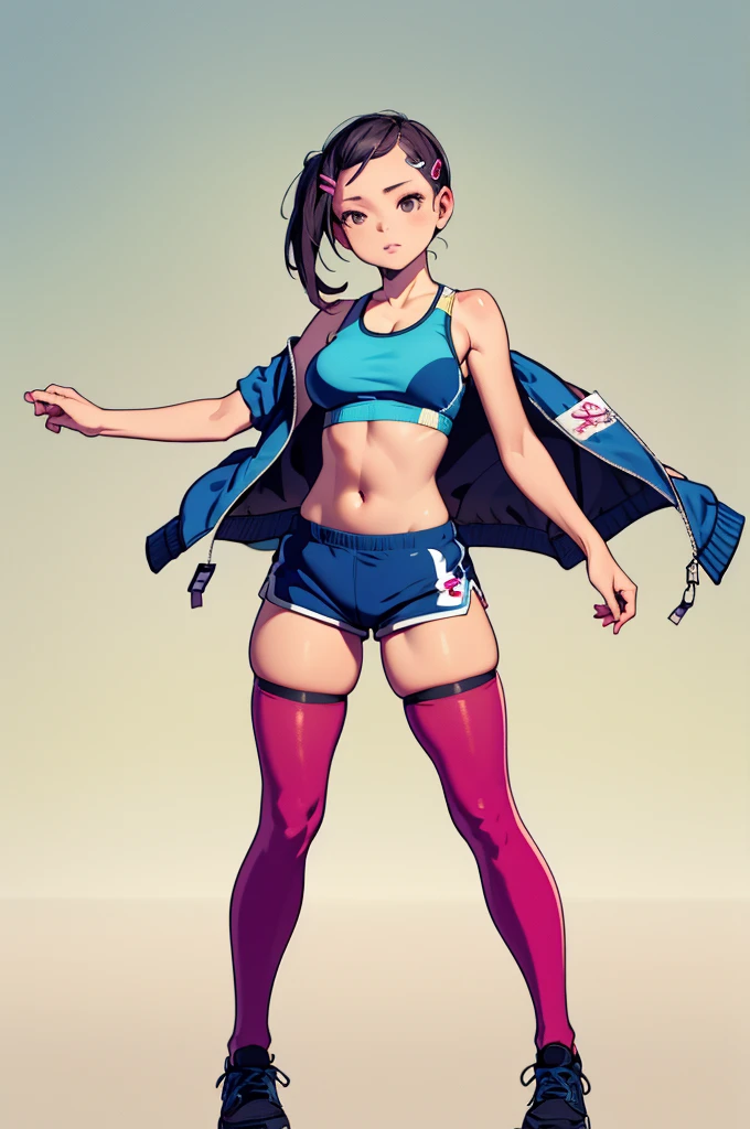 (masterpiece, best quality), 1girl,   MikazukiShizuka, hairclip , sports bra, pink dolphin shorts, legwear under shorts, black pantyhose, blue jacket