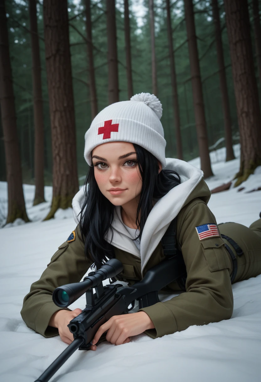 score_9, score_8_up, score_7_up,score_6_up, score_5_up, 1girl, gwen_tennyson, ben_10, 1girl, (((dark brown eyes, long hair, long black hair))), small_body, snow white military combat gear, thick white hooded coat, wearing white beanie, laying prone on ground, partial cover behind a snowbank, ((patch of flag of Finland)), snow covered forest, sniper rifle pointed at an offscreen target, looking off screen into the distance, focused look, furrowed brow, eyebrows raised, blush cheeks