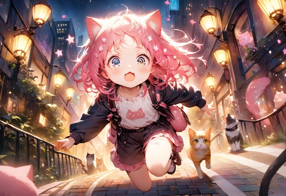 ((Best Quality))、((excellent))、(detailed)、8k、「A realistic scene of a cat skillfully escaping a dense urban environment at night。Cats have smooth and agile movements.、Its fur catches the faint light of street lamps as it leaps over obstacles。In the background、A girl with big expressive eyes and shining pink stars in her hair(「My Favorite Child」Similar to Ruby)is chasing a cat、His face is a mixture of determination and surprise.。The scene is dynamic、Motion blur emphasizes the speed and agility of both the cat and the girl.。」、Conceptual Art、jpeg artifacts、First Person View、Close-up cat、Ultra-high resolution、Anatomically correct、Attention to detail、超detailed