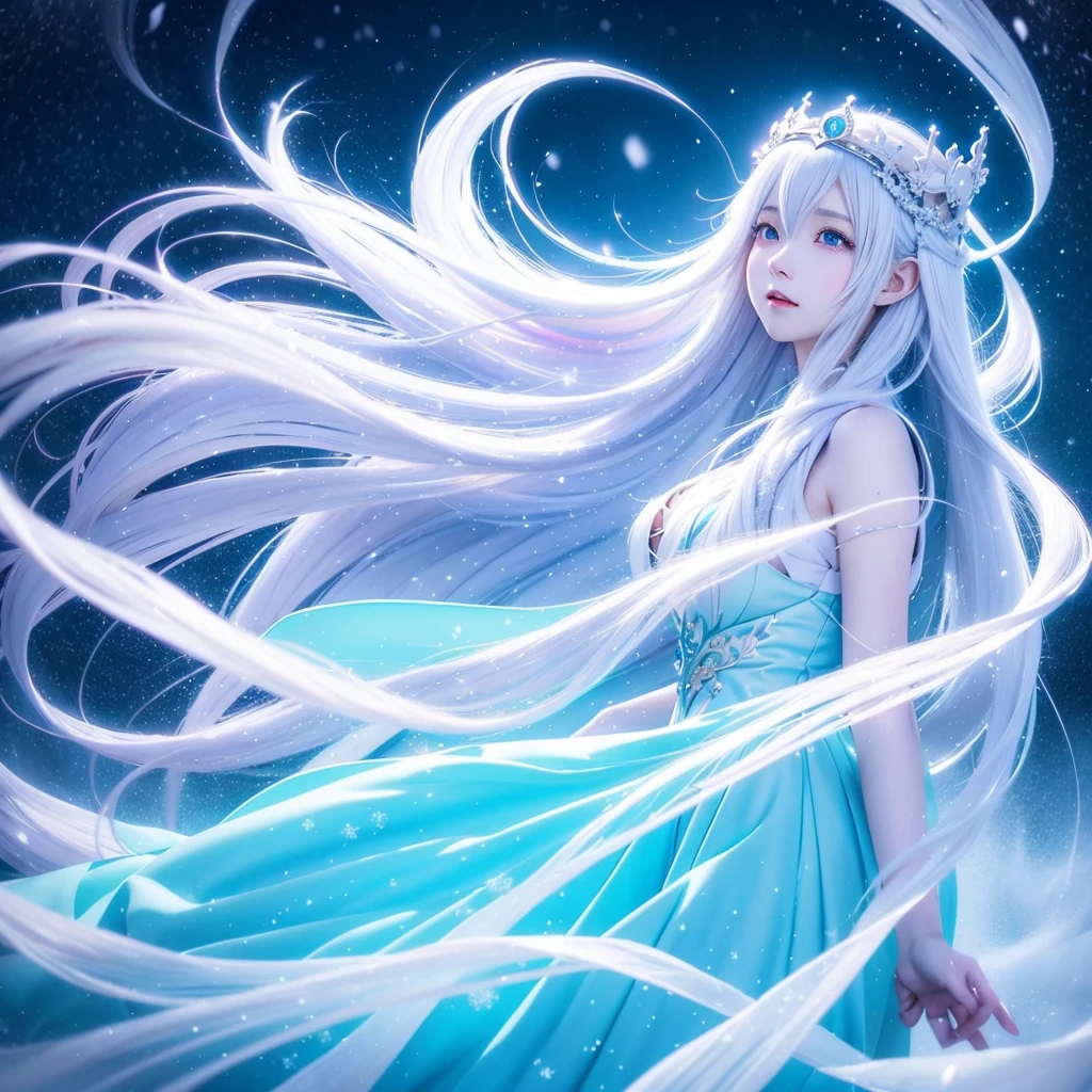 Anime girl with long white hair and blue dress in the snow, White-haired God, White hair floating in the air, Anime fantasy illustration, Flowing white hair, Beautiful young wind spirit, Beautiful fantasy anime, Shiny, flowing hair, Ethereal Anime, Beautiful anime artwork, Beautiful digital art, Anime fantasy artwork, ((Beautiful Fantasy Empress)), 2. 5 d cgi Anime fantasy artwork