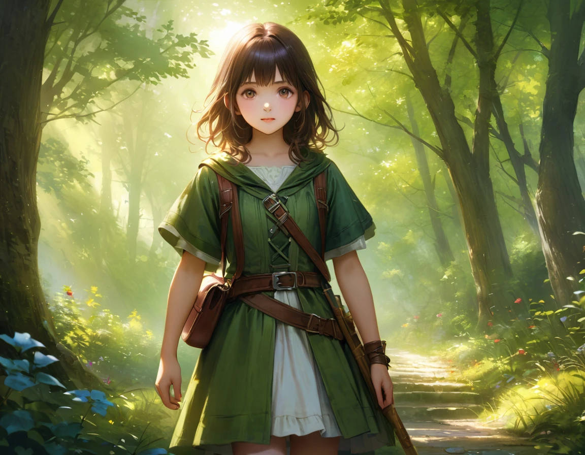 ((Highest quality))、((excellent))、(detailed)、8k、「In the world of high fantasy RPG games、Under the bright moonlight、Standing in a forest glade『My Favorite Child』A realistic scene of Ruby。Ruby is wearing an adventurer&#39;s outfit.、Leather Armor、Fluttering Cape、Around his neck he wears a glowing mystical pendant。A sleek black cat with sharp eyes walked beside her.、Reflected in a nearby sparkling puddle。Behind it all、Towering Ancient Trees々And the ruins in the distance、Creates a game-like immersive experience、Subtle particles of magic shine in the air。Ruby&#39;s confident yet cautious expression、It enhances the sense of adventure and exploration.。」、Conceptual Art、jpeg artifacts、First Person View、Ultra-high resolution、Anatomically correct、Attention to detail、非常にdetailed