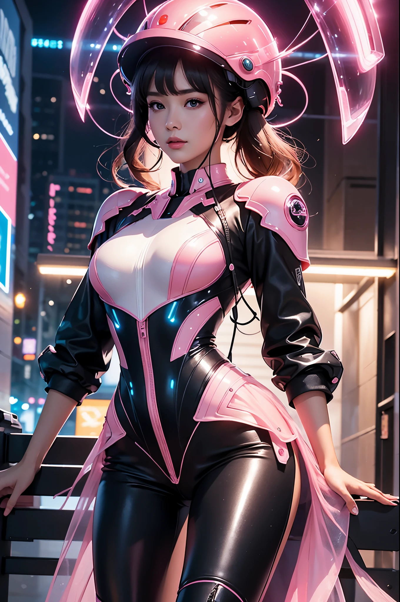 Highest image quality, outstanding details, ultra-high resolution, (realism: 1.4), the best illustration, favor details, highly condensed 1girl, with a delicate and beautiful face, dressed in a black and pink jumpsuit, wearing a mecha helmet, holding a directional controller, riding on a motorcycle, the background is a high-tech lighting scene of the future city.