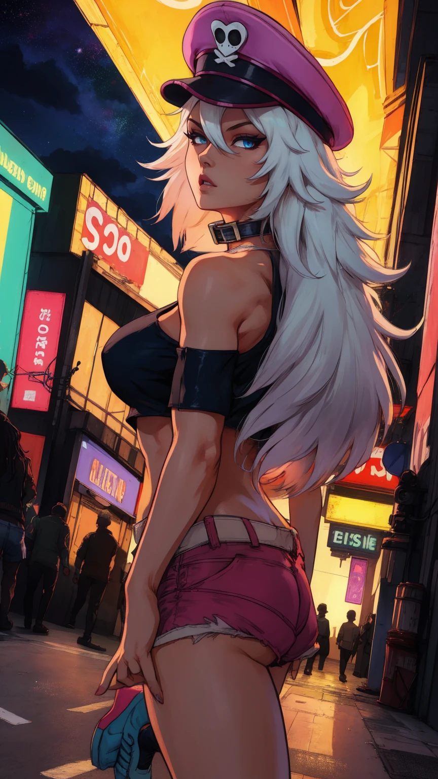 white hair,blue eyes,long hair,white crop top,collar,short shorts, peaked cap, upper body,walking, nice shoes,looking at viewer, night,neon lights,streets, (insanely detailed, masterpiece, best quality),solo, backwards, looking back