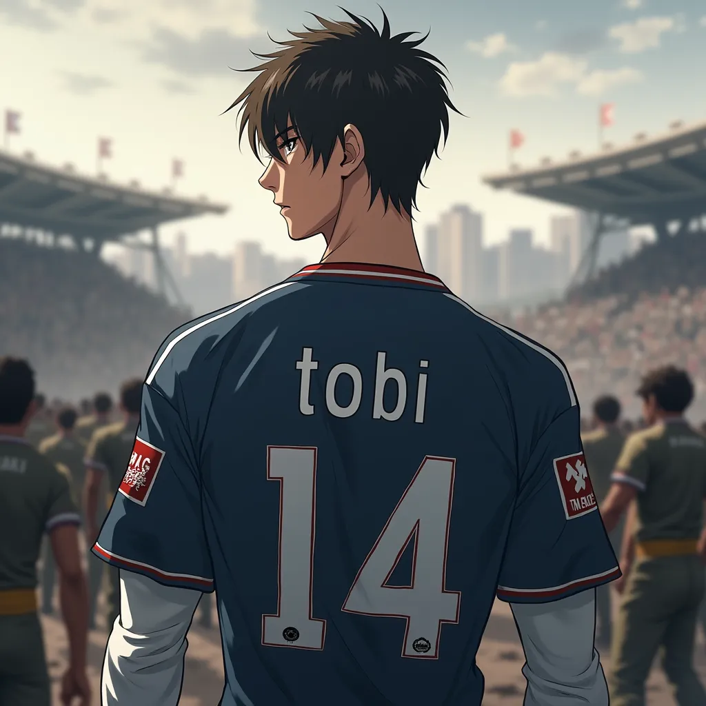 handsome anime boy, wearing longsleeve football jersey, with number "14" in jerssey, and in the left side is with a text " TNACITY " and in the right side jersey is with a text " TMDACHI". in a battle field, with a watching  blurry crowd background with a text 
"T O B I" at the center of his back