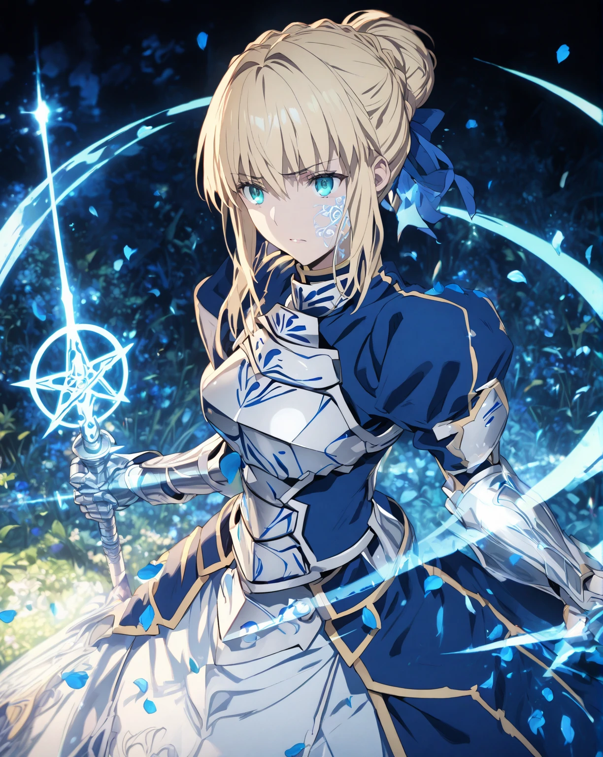 absurdres, highres, ultra detailed, HDR, master piece, best quality, extremely detailed, detailed eyes, detailed face, Artoria Pendragon, Saber, blonde hair, expressive turquoise eyes, Fate Stay Night, solo, woman, beautiful, blue dress, silver armor, magic circle, garden, green leaves, blue petals, blue roses, fantasy, magical, holding a sword 