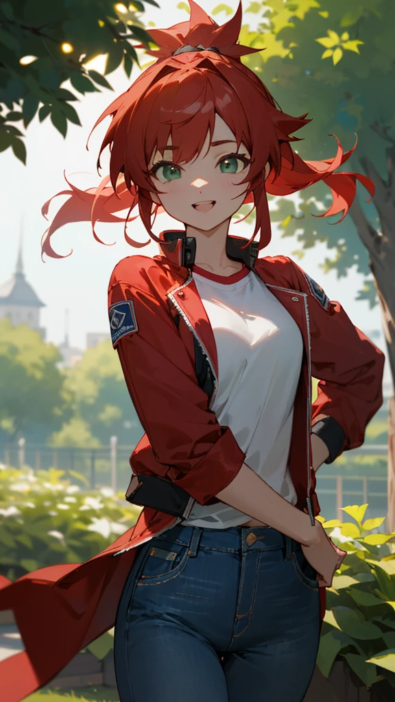 Red Hair、Green Eyes、Short ponytail、excited、excitedした笑顔、Sporty、Spiky Hair、Red jacket、jeans、garden、White T-shirt、happiness、Super detailed、Absurd、Unreal Engine、masterpiece、Best Quality、Beautiful Eyes、Volumetric Lighting、Silky Hair)、Best Quality、Super detailed、solo、Staring at the audience、High resolution、8k wallpaper、Very detailed、Smooth lighting、8k、Depth of written boundary、masterpiece、Cinematic lighting