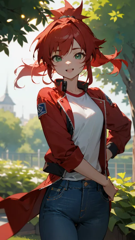 red hair、green eyes、short ponytail、excited、excitedした笑顔、sporty、spiky hair、red jacket、jeans、garden、white t-shirt、happiness、super d...