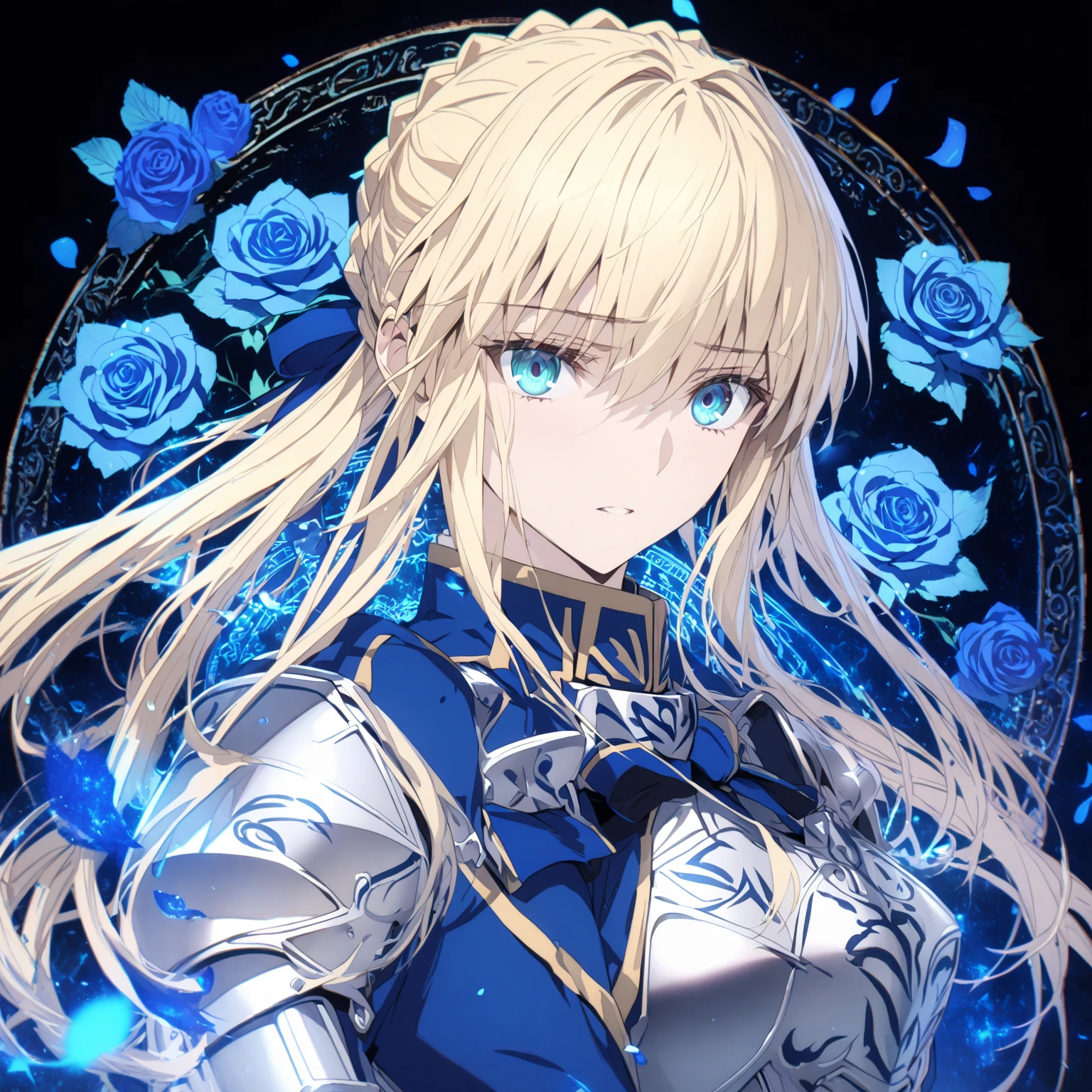 absurdres, highres, ultra detailed, HDR, master piece, best quality, extremely detailed, detailed eyes, detailed face, Artoria Pendragon, Saber, blonde hair, expressive turquoise eyes, Fate Stay Night, solo, woman, beautiful, blue dress, silver armor, magic circle, garden, green leaves, blue petals, blue roses, fantasy, magical