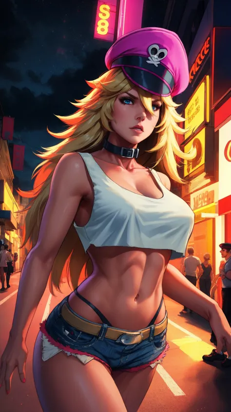 blonde hair,blue eyes,long hair,white crop top,collar,short shorts, peaked cap, upper body,walking, nice shoes,looking at viewer...