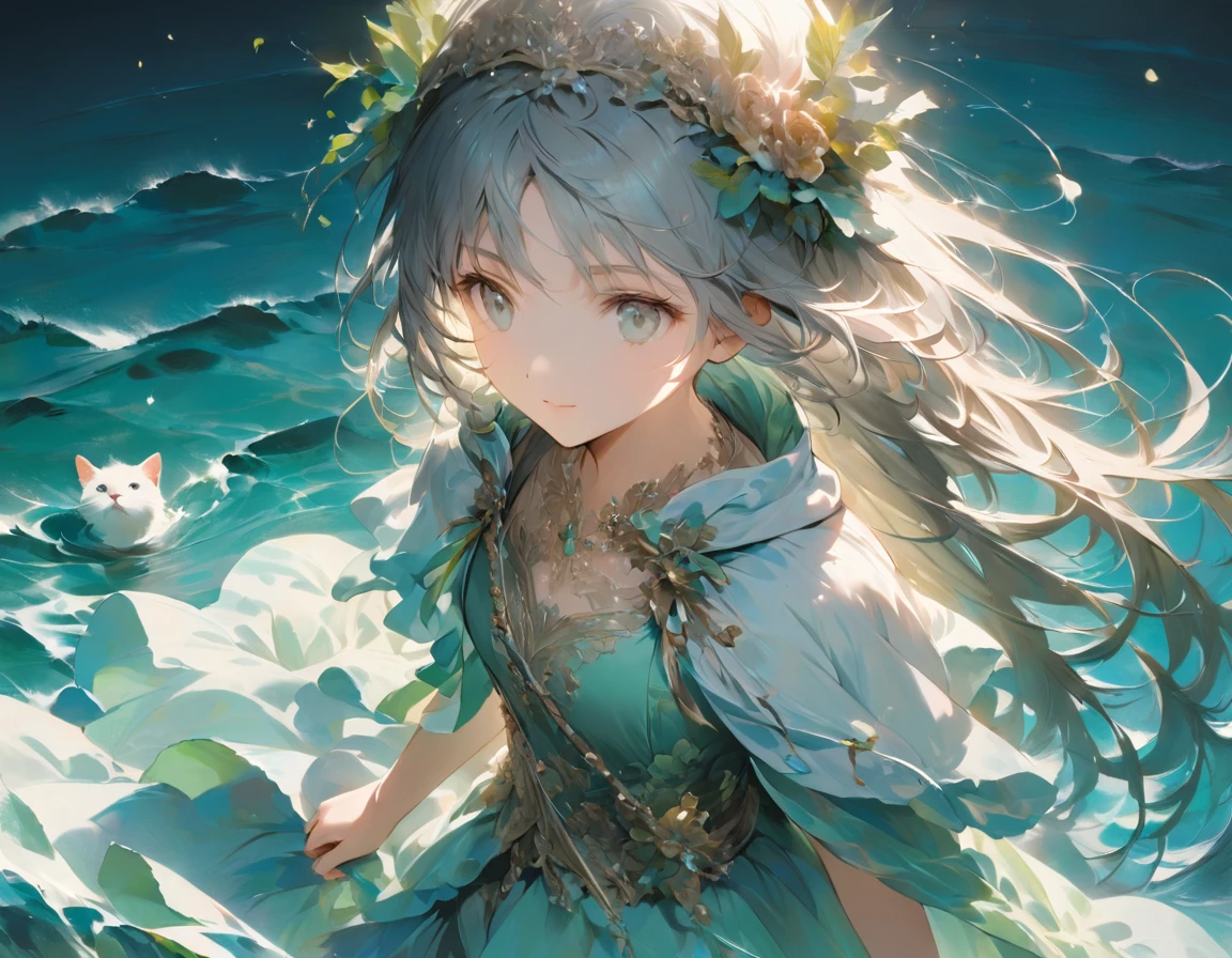 ((Best Quality))、((excellent))、(detailed)、8k、「『Jormungand』Koko Hekmatyar stands in the middle of the calm emerald blue ocean、Photorealistic scenes。She was on a small floating platform、Long silver hair fluttering in the breeze。The water is crystal clear、Reflecting the soft blue and emerald gradation of the sky。A white cat stands beside her and gentle waves surround her.、She looks ahead with a calm yet strong expression.。Her white tactical coat adds contrast to the blue palette.、Creates visual harmony between characters and environments。The lighting is soft and ambient.、Casting a subtle shadow。」、Conceptual Art、jpeg artifacts、First Person View、Ultra-high resolution、Anatomically correct、Attention to detail、非常にdetailed