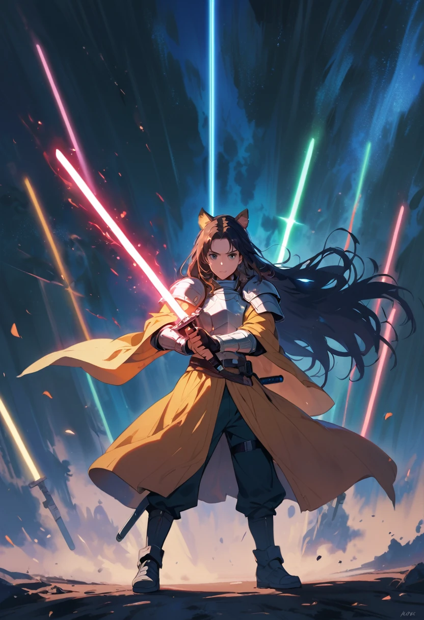 lightsaber   And sword half ，Star Wars,  battle armor,  gauntlet,  long hair,  force  power,  tiger  ear,   teenage  male, full body image , holding  two swords