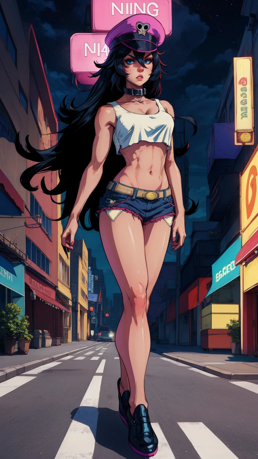 black hair,blue eyes,long hair,white crop top,collar,short shorts, peaked cap, upper body,walking, nice shoes,looking at viewer, night,neon lights,streets, (insanely detailed, masterpiece, best quality),solo,