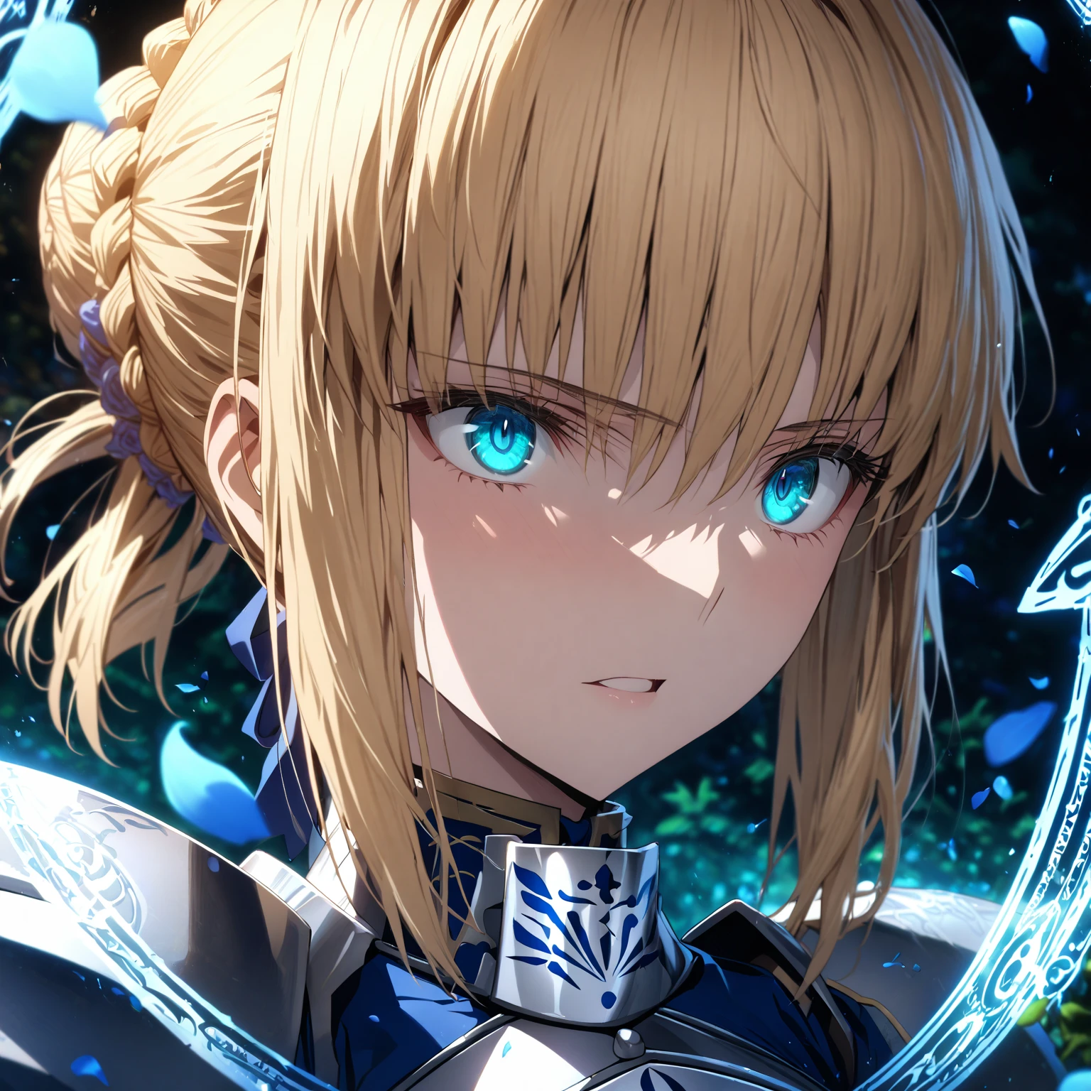 absurdres, highres, ultra detailed, HDR, master piece, best quality, extremely detailed, detailed eyes, detailed face, Artoria Pendragon, Saber, blonde hair, expressive turquoise eyes, Fate Stay Night, solo, woman, beautiful, blue dress, silver armor, magic circle, garden, green leaves, blue petals, blue roses, fantasy, magical