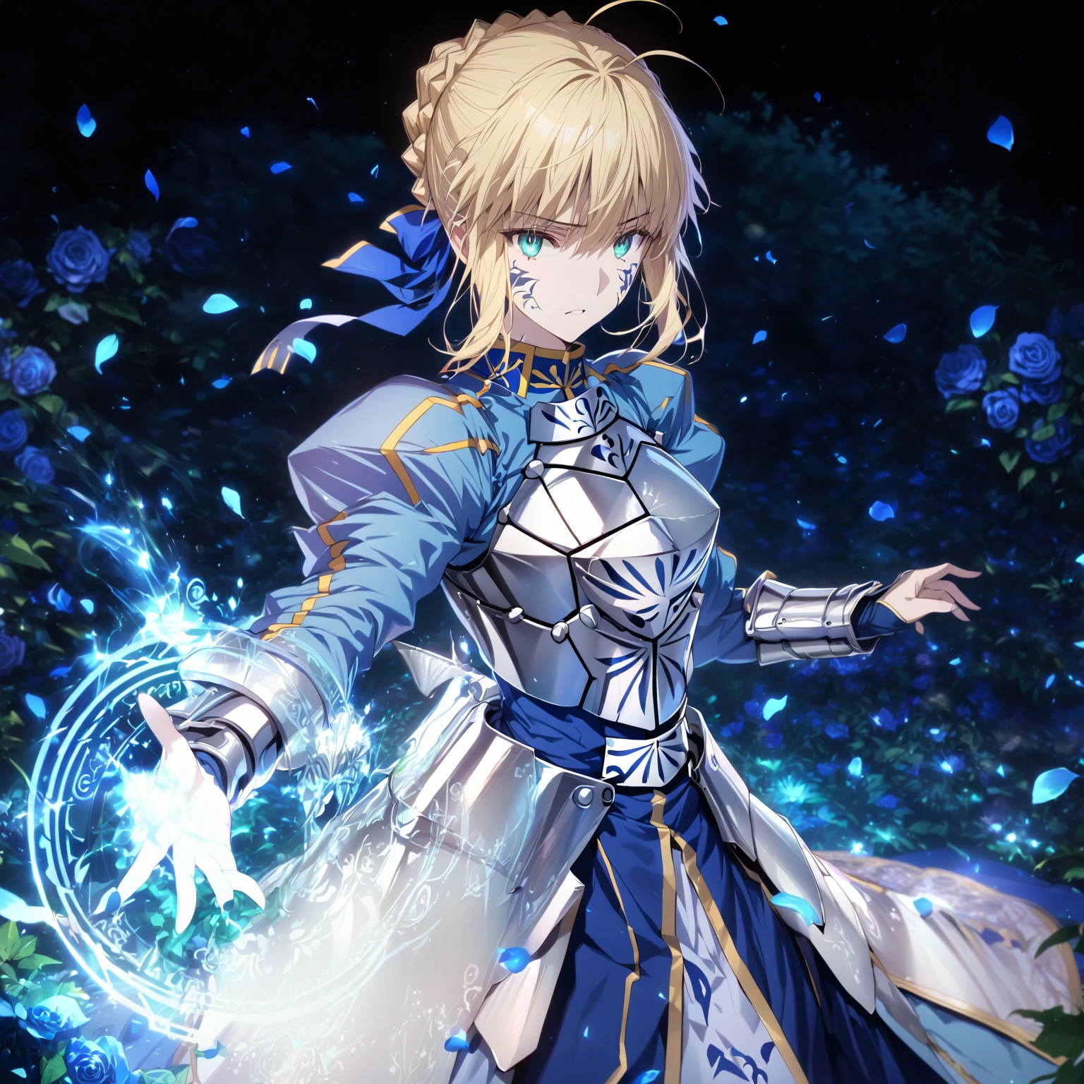 absurdres, highres, ultra detailed, HDR, master piece, best quality, extremely detailed, detailed eyes, detailed face, Artoria Pendragon, Saber, blonde hair, expressive turquoise eyes, Fate Stay Night, solo, woman, beautiful, blue dress, silver armor, magic circle, garden, green leaves, blue petals, blue roses, fantasy, magical