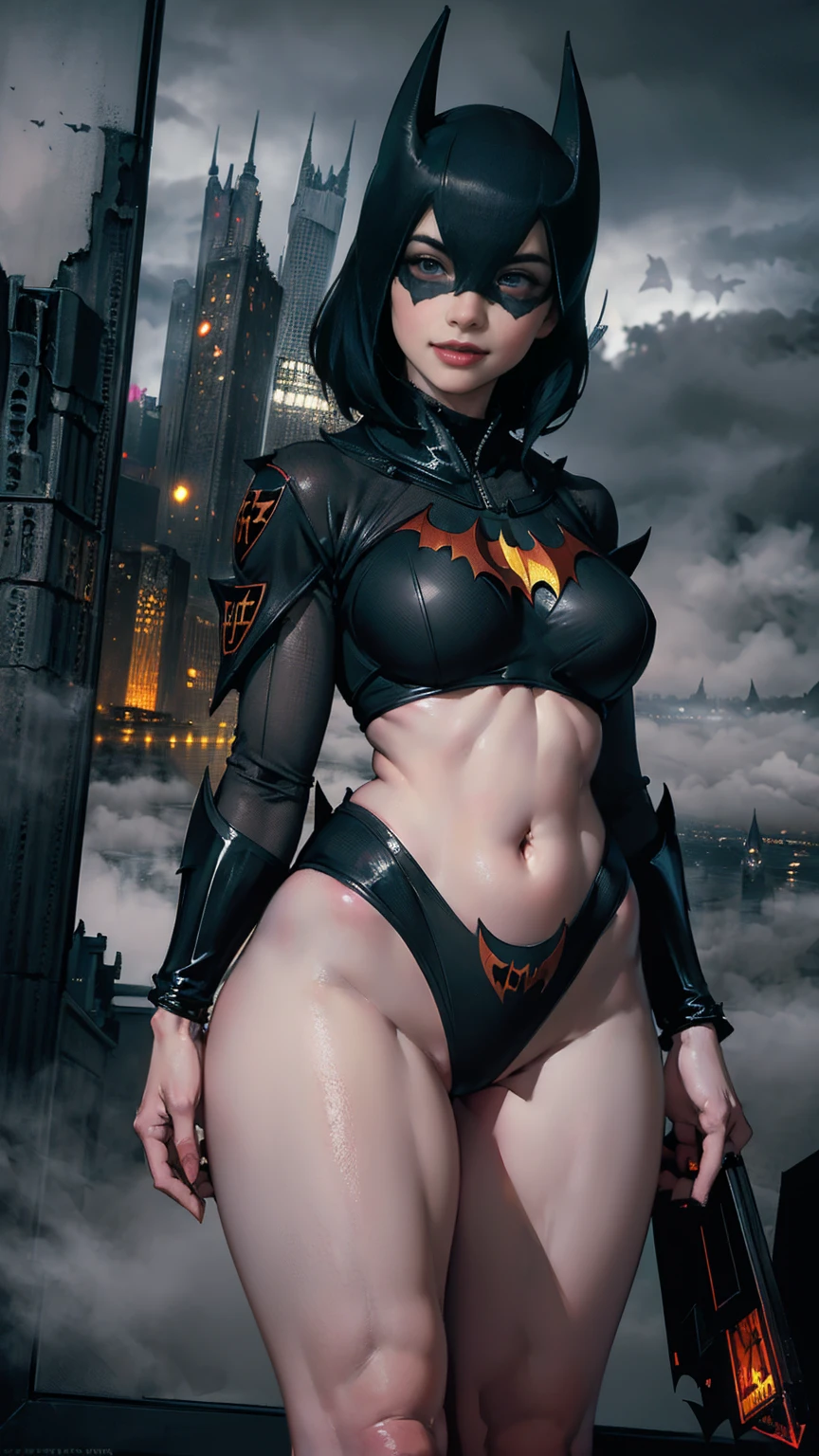 ((masterpiece, Highest quality, High resolution, Realistic, born, 8k wallpaper)),（Orient your body toward the lens:1.5),(Glamorous body goddess shot), ((She looks so hot and sexy in her Batwoman bikini suit)),（A beautiful woman wearing a Batman mask:1.2）, Amazing beauty, Perfect Proportions, Beautiful body, ((The beauty of a glamorous body: 1.4)), Batman standing on a rooftop overlooking the city skyline at night, Gotham city background, nighttime in Gotham city, Gotham city, From the movie Batman, Gotham city double exposure, Gotham city style, Batman film still, metropolis filmic Gotham city, Cyberpunk Batman, Batman movie stills,((Apocalyptic atmosphere:1.5)),((The eerie skyscrapers of Gotham City shrouded in thick fog:1.5)), Batman movie still cinematic, Gotham setting, batman, Gotham,