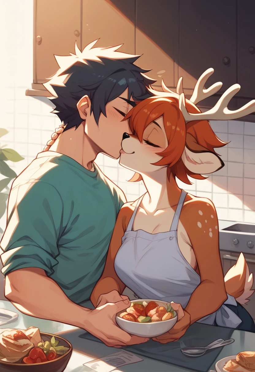 Shirou ogami and deer furry kissing smiling romantic platonic love. in kitchen about to eat breakfast, kinda sleepy looking handsome