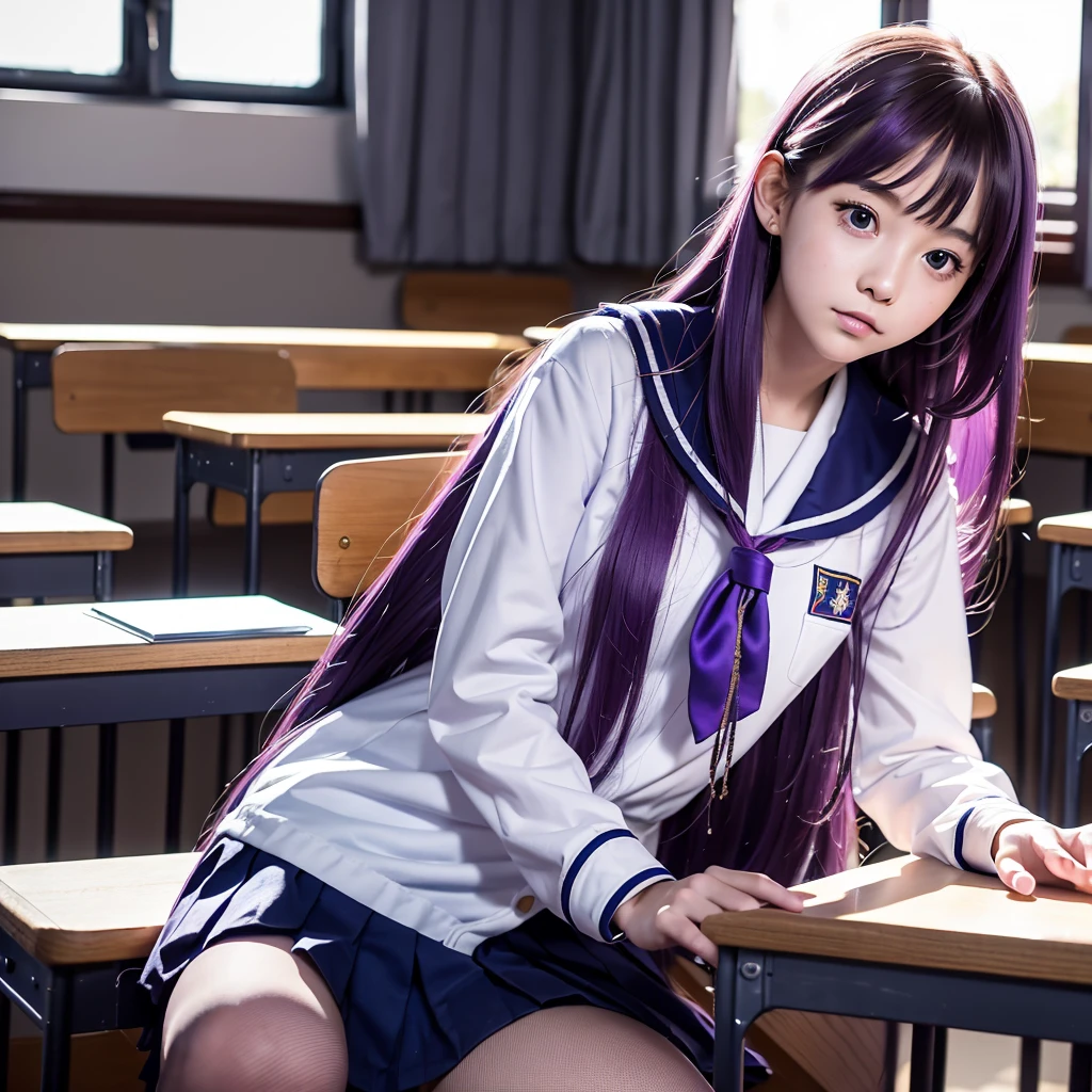 A young woman, 1, with long purple hair, wearing a sailor uniform, sitting in a classroom (School 1.5 in the background) (Serious expression, Cold 1.5) (Best Quality: 1.1) (masterpiece: 1.3) with an unparalleled masterpiece, Surreal 8K, Perfect artwork, Super detailed, Best Quality, masterpiece 4K wallpaper aesthetics, masterpiece, Award-winning works, Official Art, Cinema Lighting