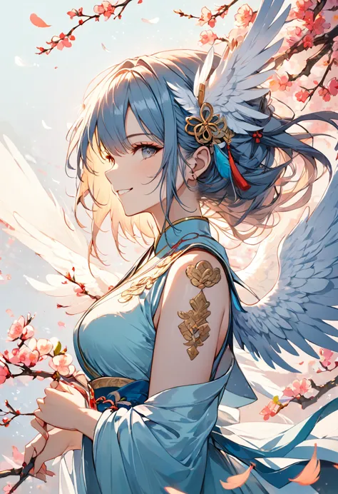 1girl,grin,oriental elements，spring, (light blue dress:1.2)  ,white feathers , profile,extended wings, splashmotion,masterpiece,...