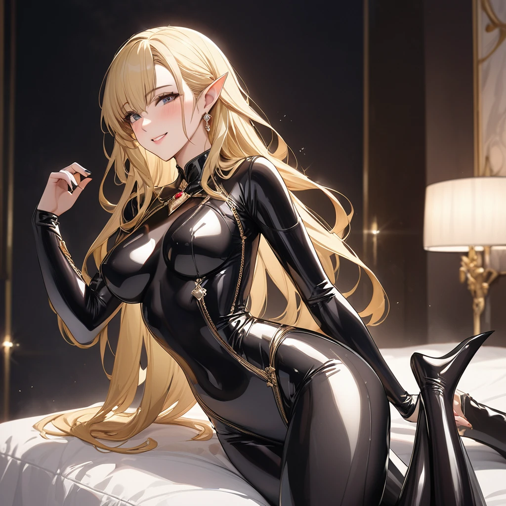 ((Best Quality)), ((masterpiece)), (detailed), （Perfect Face）、The woman is Seras Ashlain, a high elf with medium-long blonde hair, wearing a full-body latex catsuit, luxurious jewelry and an engagement ring.、The woman smiles sweetly and shows off her beautiful body