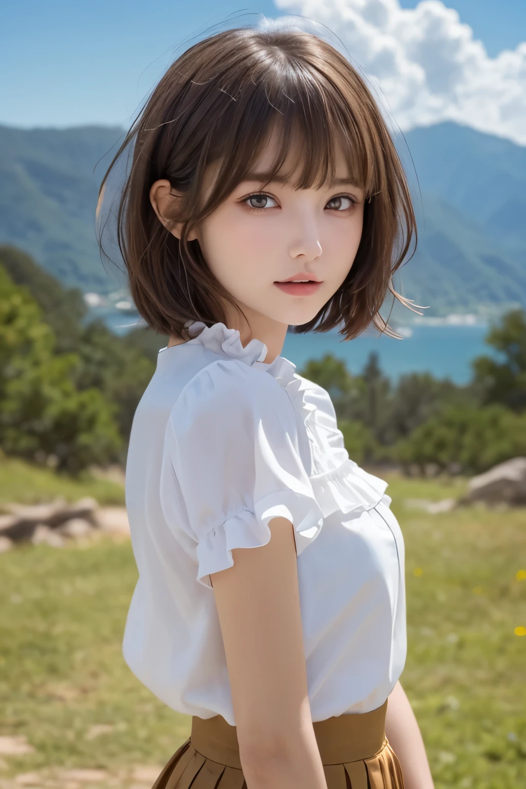 1girl, (a beauty girl, delicate girl, beautiful girl:1.3), (12yo:1.3),
break, (cute fashion, short sleeve, ruffle blouse:1.3), (skirt, cowboy shot),
break, (summer sky, beautiful scenery background:1.2),
break, very fine eyes, (symmetrical eyes:1.3),
break, (flat breasts:0.5), (round face, baby face), (brown eyes), parted bangs, (light brown hair, short hair:1.2),
break, (eyes and faces with detailed:1.0),
break, (masterpiece, best quality, ultra detailed, detailed face, 8k)