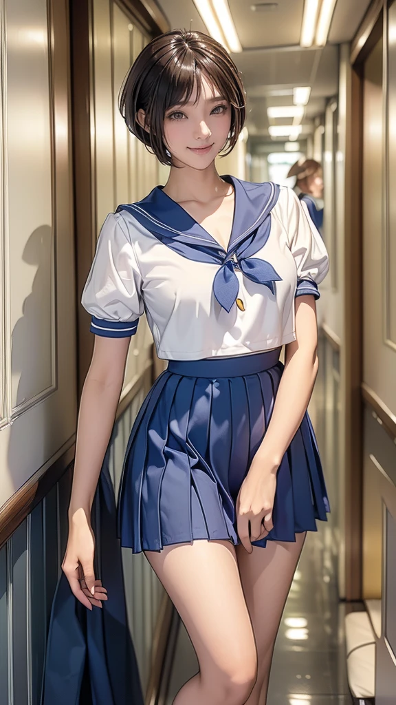 (masterpiece,Best Quality,High resolution,Realistic,photograph:1.2),(One high school girl:1.2), (((Short-sleeved sailor suit), Navy blue pleated skirt),(White sneakers),White socks),(Smiling with some teeth showing and eyes narrowed:1.3),(Bobcut,Brown Hair,Natural Makeup, Eyelash extensions, Make your eyelashes thinner and longer:1.3),(Cowboy Shot:1.3),(japanese women:1.2),(Clothes that fit:1.2),(School corridor:1.3), (The subject is viewed from below:1.2), (Panty shot:1.3), (Random sexy poses, Leg spread, Crouch down and stand on tiptoes:1.3)