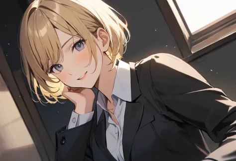 ((best quality))、((excellent))、(detailed)、8k、prompt:  「a blonde short-haired woman in her 30s wearing a business suit、i&#39;m la...