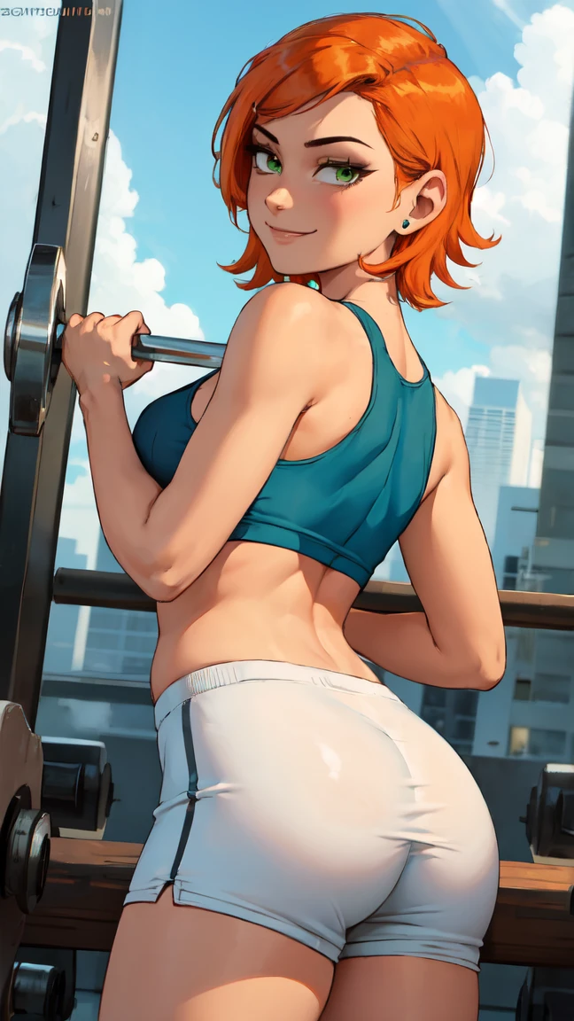 1 girl,(solo), (masterpiece), (high quality:1.0),looking at viewer, (ultra detailed),smile,short orange hair, green eyes, Gwen Tennyson,sports bra, gym shorts,  curvy, from behind, ass (low angle view)