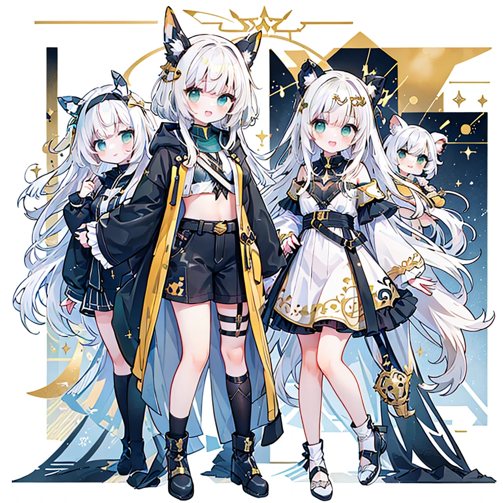 The best dynamic composition、Golden Ratio、Super detailed、(masterpiece、最high quality、high quality)、girl、White hooded、Long Hair、White Hair、Standing against a white background、Snake motif、Laughed、Green Eyes、Researcher、Character Design、belt、modern、Cyberpunk、neutral、Shorts、Stitched face