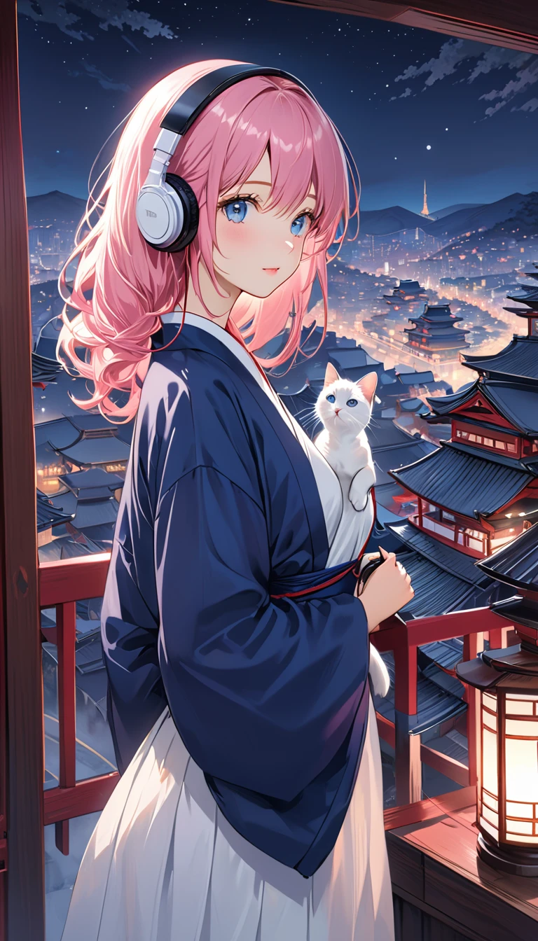 (super masterpiece　Best Quality　High Resolution Ultra HD) Lo-fi style、(anime)、(Woman wearing headphones with eyes open)、(Anatomically correct) 、Hair length is waist length　Her hair color is pink.、Navy blue kimono、Kiyomizu Temple、Looking at the night view、Night cityscape、Pet white cat、cute、Stylish、dim、front、Zoom in、Dreamy