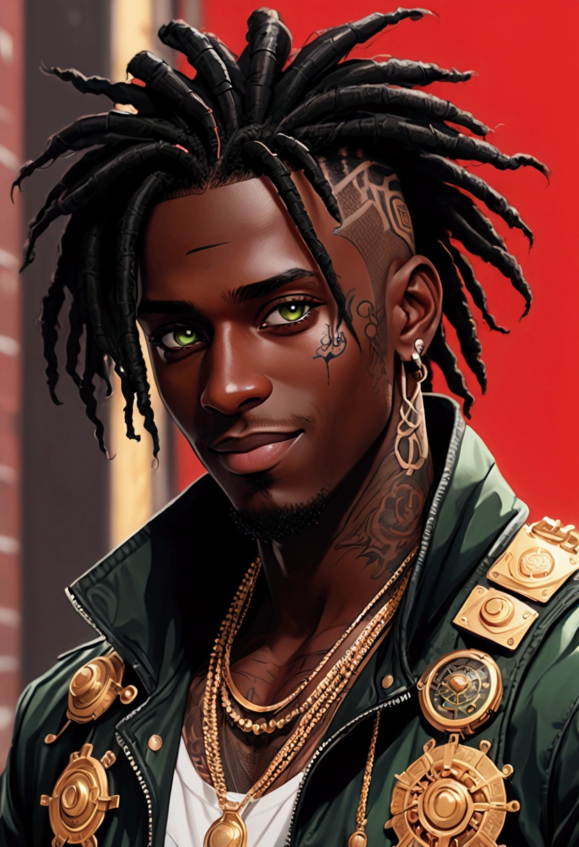 (masterpiece:1.2), (best quality, sfw), (ultra detailed), (8k, 4k, intricate),(closeup-shot:1), (highly detailed:1.2),(detailed background:1.2),((dark skin, handsome face,lips, smiling)) (((black:0.75,gold:1.2, maroon:0.5))) An close up of a person with dreadlocks and a jacket, he has green eyes, there’s black tattoos on the right side of his face, tattoos on neck, trigger anime artstyle, dramatic artwork, playboi carti portrait, handsome guy in demon slayer art, chief keef, official art, lil uzi vert, playboi carti, official artwork, key anime art, high quality colored sketch, album art young thug, album art, semi-realistic cyberpunk style, portrait of a cyberpunk man, cyberpunk art ultrarealistic 8k, cyberpunk style ， hyperrealistic, cyberpunk character, trendin on artstation, cinematic full character, trending on artstation 4k, portrait of a cyberpunk cyborg, cinematic realistic portrait, cyberpunk hero perfectly photorealistic, incredibly detailed, UHD