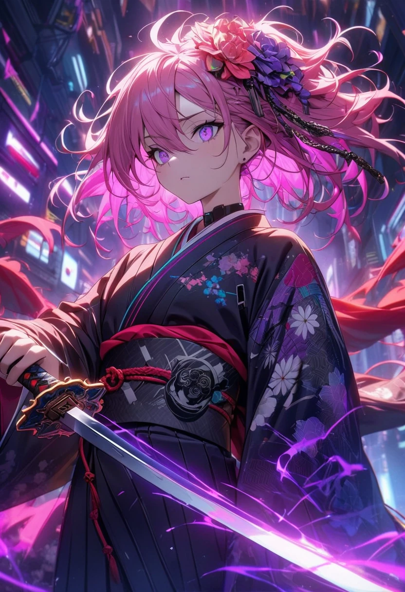 1 , pink hair,emo,eyes of fire,flowing fringe, Floral Hair Accessories, vibrant and detailed Japanese kimono with floral pattern, mixed style with cyberpunk vibes, Ornate accessories, including chains and katana, (holding a sword:1.7),subtle highlights,dramatic inner light, intricate detail,ethereal background,dramatic atmosphere with purple energy color, [low angle, shallow depth, (prime works:1.2),(best quality:1.6),(sci-fi:1.2),(chaotic:1.6),glans:0.5 ,Active effect