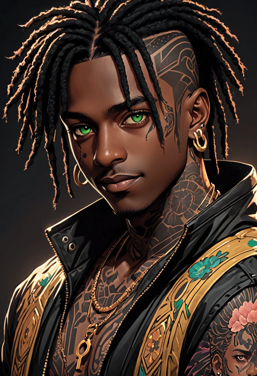 (masterpiece:1.2), (best quality, sfw), (ultra detailed), (8k, 4k, intricate),(closeup-shot:1), (highly detailed:1.2),(detailed background:1.2),((dark skin, handsome face,lips, smiling)) (((black:0.75,gold:1.2, maroon:0.5))) An close up of a person with dreadlocks and a jacket, he has green eyes, there’s black tattoos on the right side of his face, tattoos on neck, trigger anime artstyle, dramatic artwork, playboi carti portrait, handsome guy in demon slayer art, chief keef, official art, lil uzi vert, playboi carti, official artwork, key anime art, high quality colored sketch, album art young thug, album art, semi-realistic cyberpunk style, portrait of a cyberpunk man, cyberpunk art ultrarealistic 8k, cyberpunk style ， hyperrealistic, cyberpunk character, trendin on artstation, cinematic full character, trending on artstation 4k, portrait of a cyberpunk cyborg, cinematic realistic portrait, cyberpunk hero perfectly photorealistic, incredibly detailed, UHD