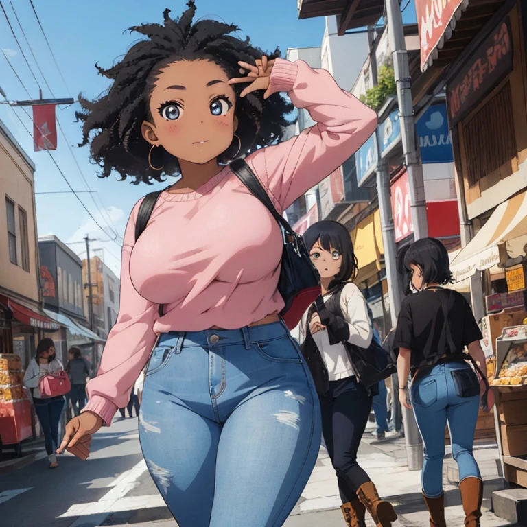 1 female, fat body, chubby body, afro hair, black afro hair black girl afro hair, darker skin, brown skin, huge breast, thick legs, light blue eyes, pink sweater, blue jean, long jean, belly button long shirt, boots, mall
