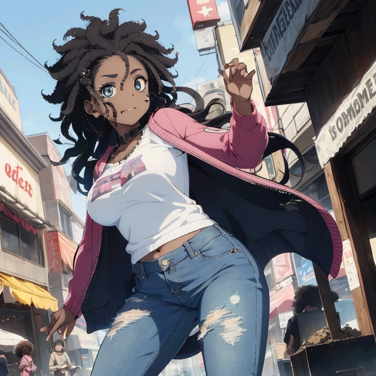 1 female, zombie skin, undead, afro hair, black afro hair black girl afro hair, darker skin, brown skin, huge breast, thick legs, light blue eyes, pink sweater, blue jean, long jean, belly button long shirt, boots, mall
