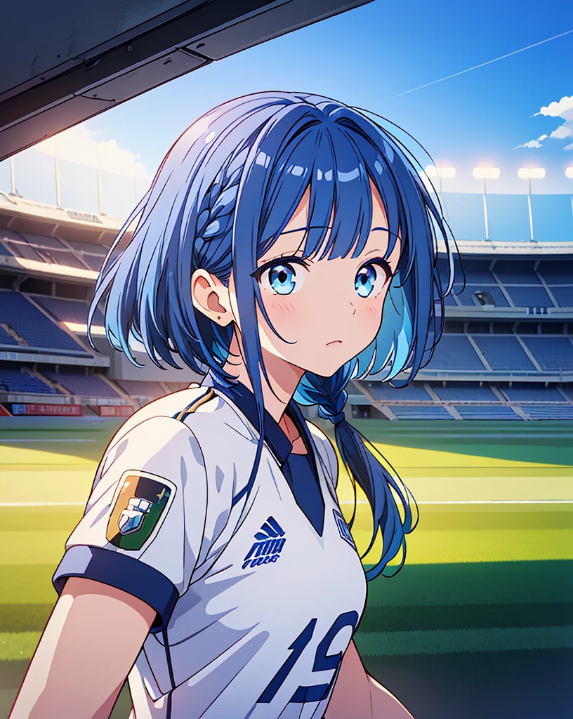 Best Quality, 32K, High resolution, masterpiece:1.5, One beautiful girl, Anime-style illustrations, Rich emotional expression, An exceptionally beautiful face, Perfect Human Anatomy, Big starry eyes, ((Expressionless:1.5)), ((Shiny blue hair:1.3)), Short Bob Hair, Asymmetrical bangs, Hair between the eyes, Transparent, soft white skin, Detailed and cute lips, ((White football uniform:1.3)), ((Soccer court in the stadium:1.4)), ((Sprinting)), Dazzling sunlight, Mysterious