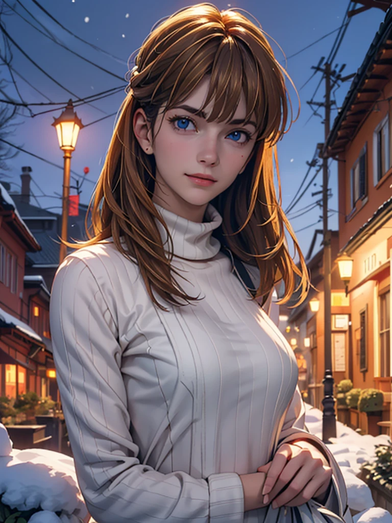 Ultra-precise depiction, Super high-definition description,High resolution,(Very beautiful face),(A face with attention to detail),virgin destroyer sweater,asuka langley soryu, long hair, bangs, blue eyes, brown hair, hair ornament,garden,squirt,snow,night,Street lamp,